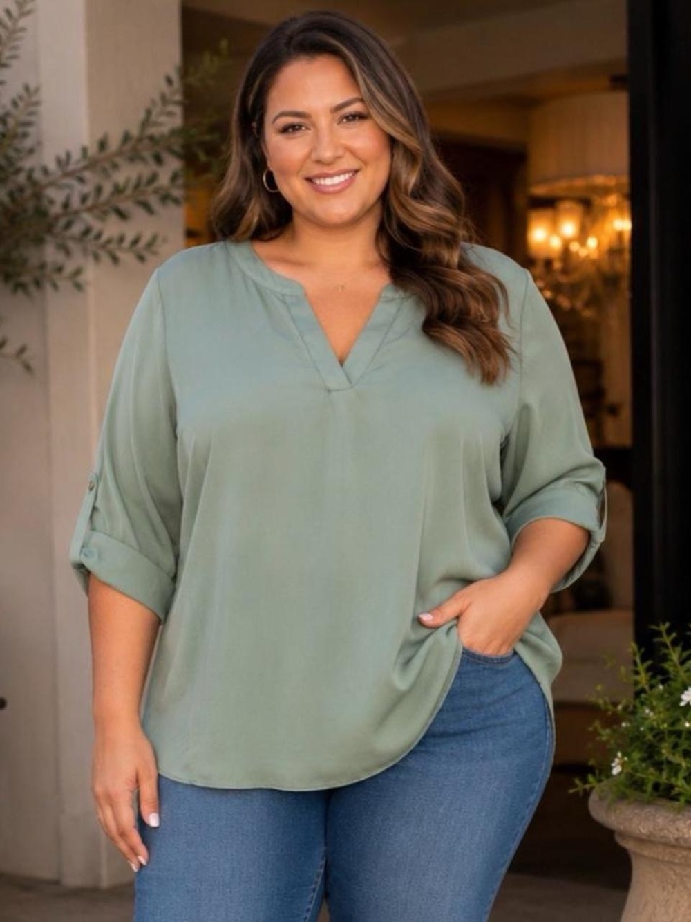 Chaus New York Sage Green V-Neck Roll Tab Sleeve Blouse Size 3X